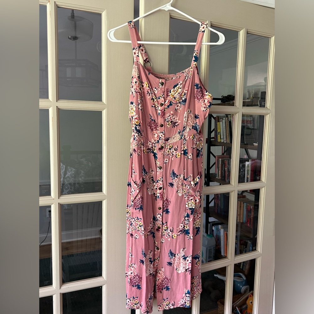 Xhilaration pink midi dress with buttons up front, size medium